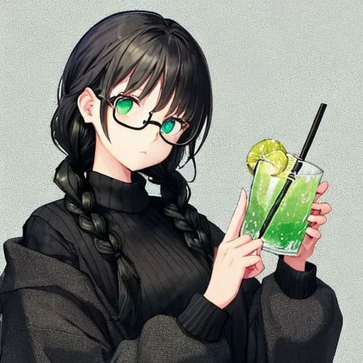 1girl, small_breast, big_ass, mini_dress, grey_dress, black_sweater, black_hair, green_eyes, circle_glasses, braided_hair, holding a phone, holding a drink