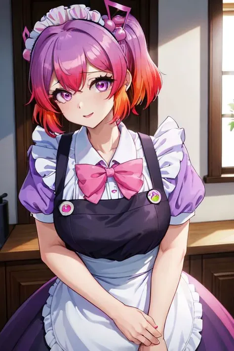 (masterpiece), (best quality:1.4, high quality:1.4), upper body, indoors, kitchen, 1girl, otonokoji kanade, pink eyes, musical note hair ornament, MULTICOLORED HAIR, GRADIENT HAIR, PURPLE HAIR, PINK HAIR, maid, maid headdress, maid apron, black dress