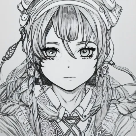 DBlinebrush style, masterpiece, 1girl, beautiful portrait of anime female adventurer, monochrome