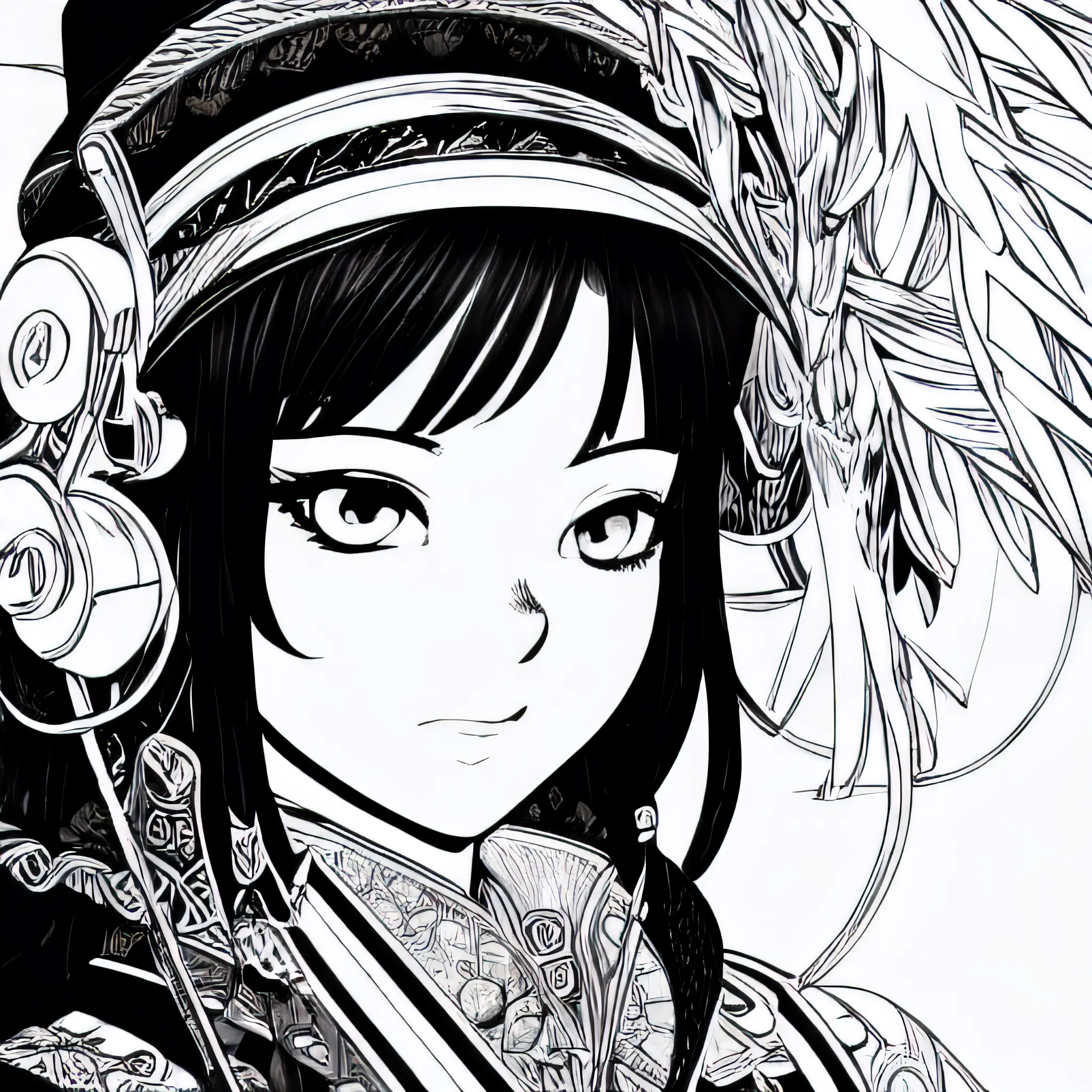 DBlinebrush style, masterpiece, 1girl, beautiful portrait of anime female adventurer, monochrome