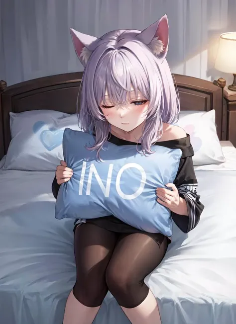((best quality)), ((highly detailed)), masterpiece, absurdres, detailed face, beautiful face, (detailed eyes, deep eyes), <lora:more_details:.4>, (1girl), (glasses), upper bodycat girl, cat ears, cat tail, :3, <lora:slit-pupils:1>, snake eyes, indoors, in a bedroom, on bed, pillow, , ((sleeping)), ((both eyes closed)), stuffed toys, stuffed animals, <lora:oversizedShirt_v10:1>, oversized shirt, off shoulder, socks, <lora:pillow_v2:.9>, pillow hug, holding pillow, large pillow, heart pillow, no-pillow