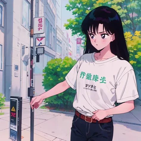 ( hyper realism, anime, manga)  <lora:smv1-10:1>  Rei Hino (black long hair) (dark eyes) (bangs) (blue mini farmer short, belt on stomach) ( white shirt)].(( shirt logo:xqcL))
( walking, outdoors,)( crowded big city ) <lora:overshirt:1> oversized shirt , from above,  close-up,