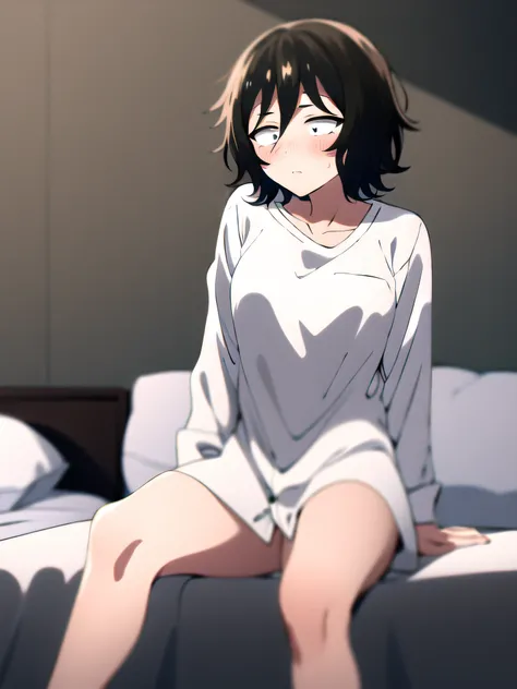 ((masterpiece, best quality)),8k,akirav4,indoor , sitting on bed,black hair ,slim waist,oversized shirt,blush,1girl,