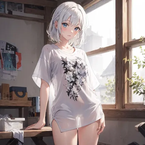 (masterpiece:1.2, best quality), (highly detailed:1.3), oversized shirt, 1girl, solo, see-through silhouette, medium hair, white hair, unkempt hair, braid, shirt, see-through white shirt, bottomless, no bra, thighs, <lora:oversizedShirt_v10:1> <lora:seeThroughSilhouette_v11:1>