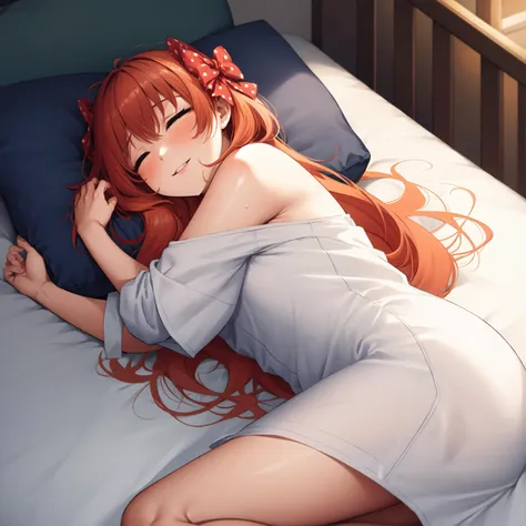 ((anime,anime_still,))masterpiece, best quality,solo,1girl, 1chiyo lying on bed, on side, purple eyes,((spotted red hair bow)), small breasts, orange hair,long hair,facing viewer, from above, bed, pov, closed eyes, parted lips,thighs, cowboy shot,piilow, blushing, sleeping,smiling,
<lora:chiyo:0.8>  <lora:oversizedShirt_v10:0.8> oversized shirt, shirt, off shoulder