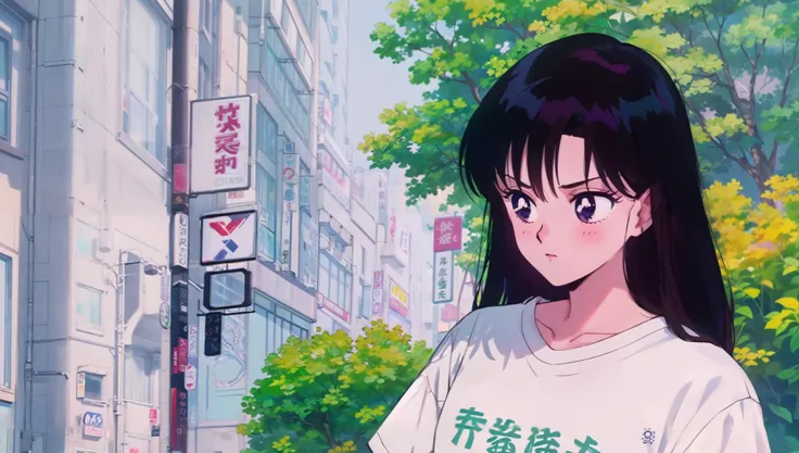 ( hyper realism, anime, manga)  <lora:smv1-10:1>  Rei Hino (black long hair) (dark eyes) (bangs) (blue mini farmer short, belt on stomach) ( white shirt)].(( shirt logo:xqcL))
( walking, outdoors,)( crowded big city ) <lora:overshirt:1> oversized shirt , from above,  close-up,