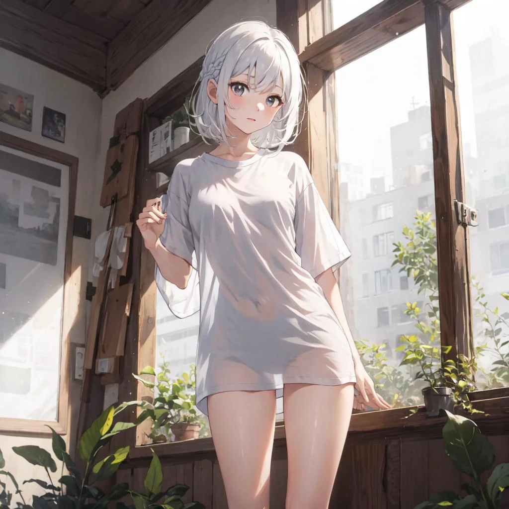 (masterpiece:1.2, best quality), (highly detailed:1.3), oversized shirt, 1girl, solo, see-through silhouette, medium hair, white hair, unkempt hair, braid, shirt, see-through white shirt, bottomless, no bra, thighs, <lora:oversizedShirt_v10:1> <lora:seeThroughSilhouette_v11:1>