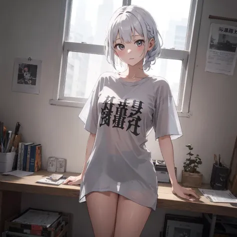 (masterpiece:1.2, best quality), (highly detailed:1.3), oversized shirt, 1girl, solo, medium hair, white hair, unkempt hair, braid, shirt, white shirt, see-through silhouette, thighs <lora:oversizedShirt_v10:1> <lora:seeThroughSilhouette_v11:1>