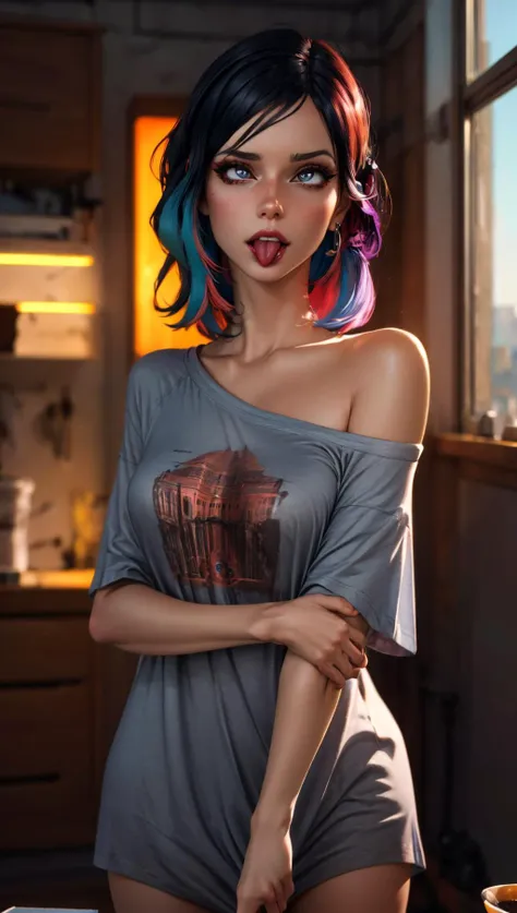 (masterpiece:1.4), (best quality), (detailed), 1girl, tongue, pale skin, oversized shirt, shirt, off shoulder, shirt, naked shirt, shirt tug, (edgEarPiercing, EAR PIERCING,)
 <lora:add_detail:1> <lora:tongue:0.8> <lora:overshirt:0.8> <lora:shirt_tug:0.8>  <lora:edgEarP_LoRA:0.8>, glow effects, godrays, Hand drawn, render, 8k, octane render, cinema 4d, blender, dark, atmospheric 4k ultra detailed, cinematic, Sharp focus, big depth of field, Masterpiece, colors, 3d octane render, 4k, concept art, trending on artstation, hyperrealistic, Vivid colors, extremely detailed CG unity 8k wallpaper, trending on CGSociety, Intricate, High Detail, dramatic