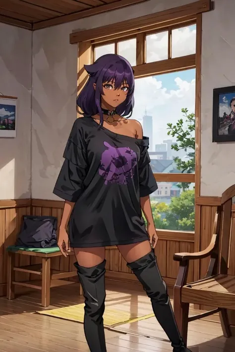 Highly detailed, High Quality, masterpiece, <lora:JahySama-2:0.9> ((Jahy:1)), (((purple hair:1))), thighhigh boots, ((dark skin)), indoors, <lora:overshirt:1> oversized shirt, off shoulder