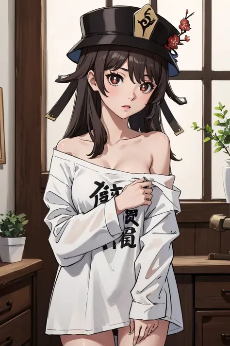 Highly detailed, High Quality, masterpiece, <lora:hutao1:0.9> hutaodef, ((small breasts)), indoors, <lora:overshirt:1> oversized shirt, off shoulder