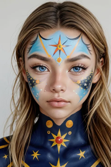 realistic photo of <lora:sd15_locon_MadiTeeuws_32_v1:.9> MadiTeeuws, close up on face, focus on eyes, (astrology face paint:1.2)