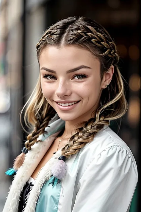 headshot photo of <lora:sd15_locon_MadiTeeuws_32_v1-000012:.9> MadiTeeuws, focus on smiling face, wearing a feather jacket , her hair is styled as dutch waterfall braid,