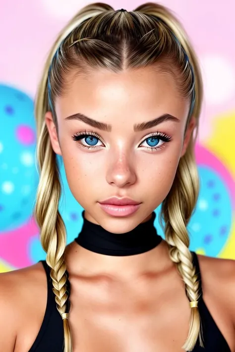 (pop surrealistic, dreamlike, pop culture elements, vibrant, detailed:1.15), <lora:sd15_locon_MadiTeeuws_32_v1-000012:.9> MadiTeeuws, focus on eyes, close up on face, smile, sinopia color hair styled as fishtail side ponytail, ND filter