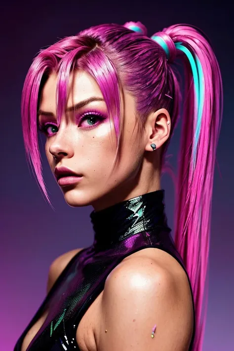 (neonpunk style, cyberpunk, vaporwave, neon, vibes, vibrant, stunningly beautiful, crisp, detailed, sleek, ultramodern, magenta highlights, dark purple shadows, high contrast, cinematic, ultra detailed, intricate, professional:1.15), headshot <lora:sd15_locon_MadiTeeuws_32_v1-000012:.9> MadiTeeuws, focus on face, side view wearing a maid dress <lora:victorian_maid-1.0:0.8> , her pink color hair is styled as bubble ponytail,