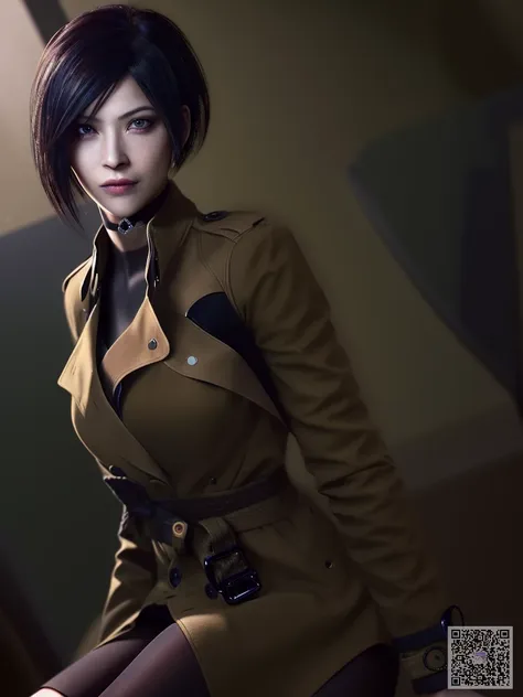 <lora:resident_evil_ada_lycoris_v1.0:1> ada_wong \(resident evil\), 1girl, solo, realistic, extremely detailed eyes, beautiful eyes, black hair, lips, make up,  bare shoulders, (coat), pantyhose, wristwatch, bracelet, holster, cleavage, choker