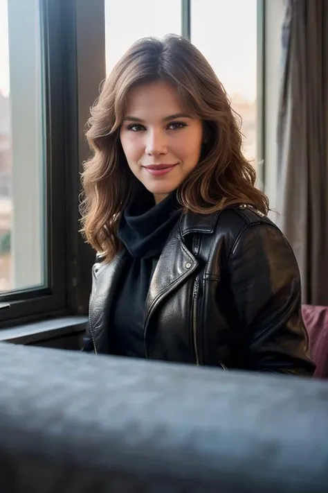 BonB1aTTXV1B,
a beautiful smiling woman posing for masterpiece photo, wearing a black jacket and scarf standing next to a window with a black jacket on her shoulders,
(professional photo shooting), (high buget photo), (extremely detailed skin), (flawless skin), (model pose), (highly detailed facial features),
(perfect color grading), (High-quality textures and materials), (perfect setup and environments:1.9), (accurate light and shadow effects), (perfect visual quality),
(natural light), (high quality photography), (intricate details), (8k), (HDR), (sharp focus), (medium view:1.2), (dark atmosphere:1.2)