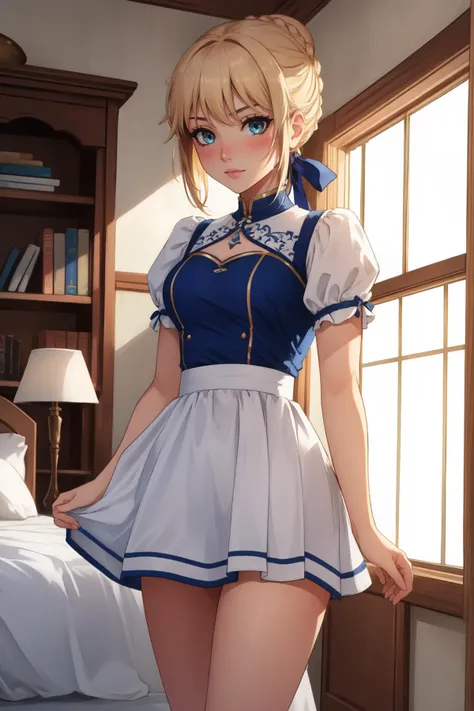 a woman in a maid outfit standing in a bedroom next to a bed