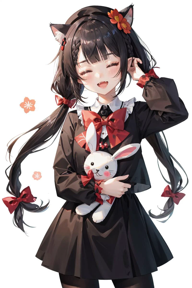 1girl,<lora:microdress_v0.2:1>,microdress, animal ears, bangs, black hair, blunt bangs, blush stickers, bow, braid, cat ears, chibi, closed eyes, commentary, dress, english commentary, fang, flower, genshin impact, hair bow, hair flower, hair ornament, hat, highres, holding, holding stuffed toy, klee genshin impact, long hair, long sleeves, low twintails, meme attire, multiple views, open mouth, pointy ears, red bow, sidelocks, simple background, smile, stuffed animal, stuffed bunny, stuffed toy, teddy bear, twintails, white background, x