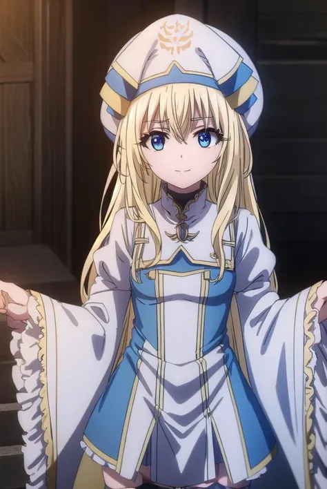 priestess, <lyco:priestesss2-lyco-nochekaiser:1>, 
priestess, blonde hair, blue eyes, long hair, hair between eyes, (small breast:1.2), smile,
BREAK boots, dress, frilled sleeves, frills, hat, white headwear, pelvic curtain, high heels, robe, thigh boots, thighhighs, white thighhighs, long sleeves, puffy sleeves,
BREAK indoors, church,
BREAK looking at viewer, (cowboy shot:1.5),
BREAK <lyco:GoodHands-beta2:1>, (masterpiece:1.2), best quality, high resolution, unity 8k wallpaper, (illustration:0.8), (beautiful detailed eyes:1.6), extremely detailed face, perfect lighting, extremely detailed CG, (perfect hands, perfect anatomy),