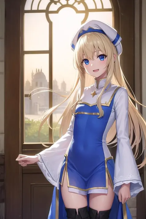 priestess, <lyco:priestess-lyco-nochekaiser:1>,
priestess, blonde hair, blue eyes, long hair, hair between eyes, (small breast:1.2), smile, <lora:talkmouth_E_v100:1>, open mouth,
BREAK boots, dress, frilled sleeves, frills, hat, white headwear, pelvic curtain, high heels, robe, thigh boots, thighhighs, white thighhighs, long sleeves, puffy sleeves,
BREAK looking at viewer, (cowboy shot:1.5),
BREAK indoors, church,
BREAK <lyco:GoodHands-beta2:1>, (masterpiece:1.2), best quality, high resolution, unity 8k wallpaper, (illustration:0.8), (beautiful detailed eyes:1.6), extremely detailed face, perfect lighting, extremely detailed CG, (perfect hands, perfect anatomy),