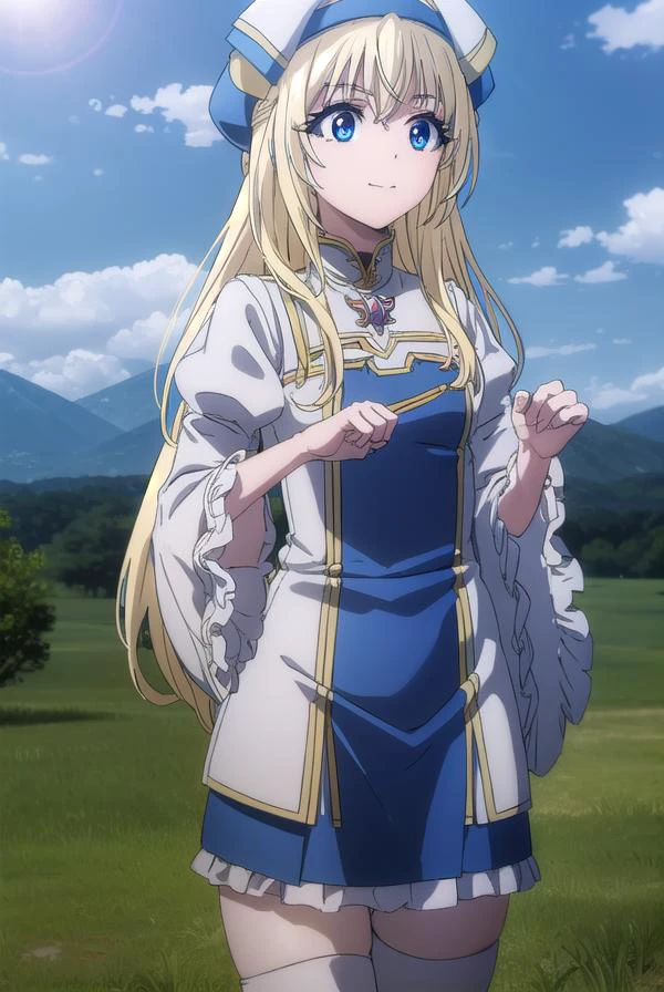 priestess, <lyco:priestesss2-lyco-nochekaiser:1>,
priestess, blonde hair, blue eyes, long hair, hair between eyes, (small breast:1.2), smile,
BREAK boots, dress, frilled sleeves, frills, hat, white headwear, pelvic curtain, high heels, robe, thigh boots, thighhighs, white thighhighs, long sleeves, puffy sleeves,
BREAK outdoors, nature, forest, grass, sky, sun, cloud,
BREAK looking at viewer, (cowboy shot:1.5),
BREAK <lyco:GoodHands-beta2:1>, (masterpiece:1.2), best quality, high resolution, unity 8k wallpaper, (illustration:0.8), (beautiful detailed eyes:1.6), extremely detailed face, perfect lighting, extremely detailed CG, (perfect hands, perfect anatomy),