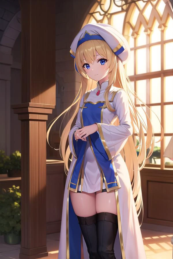 priestess, <lyco:priestess-lyco-nochekaiser:1>,
priestess, blonde hair, blue eyes, long hair, hair between eyes, (small breast:1.2), smile,
BREAK boots, dress, frilled sleeves, frills, hat, white headwear, pelvic curtain, high heels, robe, thigh boots, thighhighs, white thighhighs, long sleeves, puffy sleeves,
BREAK looking at viewer,
BREAK indoors, church,
BREAK <lyco:GoodHands-beta2:1>, (masterpiece:1.2), best quality, high resolution, unity 8k wallpaper, (illustration:0.8), (beautiful detailed eyes:1.6), extremely detailed face, perfect lighting, extremely detailed CG, (perfect hands, perfect anatomy),