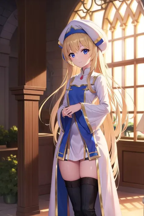 priestess, <lyco:priestess-lyco-nochekaiser:1>, 
priestess, blonde hair, blue eyes, long hair, hair between eyes, (small breast:1.2), smile,
BREAK boots, dress, frilled sleeves, frills, hat, white headwear, pelvic curtain, high heels, robe, thigh boots, thighhighs, white thighhighs, long sleeves, puffy sleeves,
BREAK looking at viewer,
BREAK indoors, church,
BREAK <lyco:GoodHands-beta2:1>, (masterpiece:1.2), best quality, high resolution, unity 8k wallpaper, (illustration:0.8), (beautiful detailed eyes:1.6), extremely detailed face, perfect lighting, extremely detailed CG, (perfect hands, perfect anatomy),