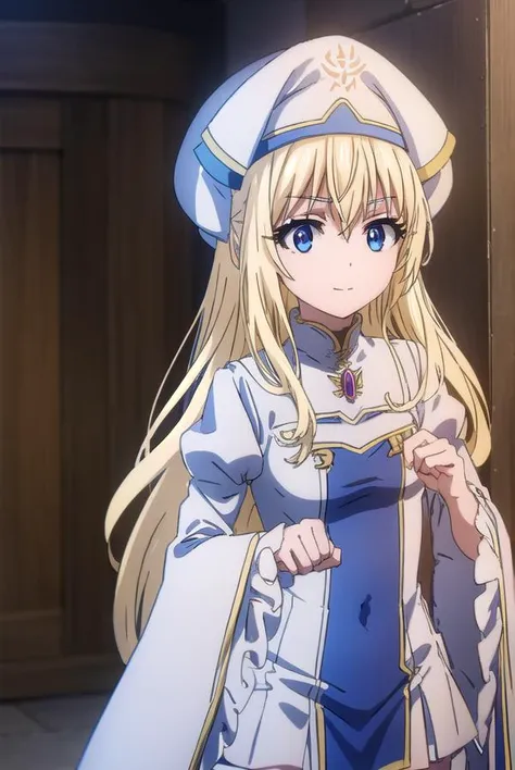 priestess, <lyco:priestesss2-lyco-nochekaiser:1>, 
priestess, blonde hair, blue eyes, long hair, hair between eyes, (small breast:1.2), smile,
BREAK boots, dress, frilled sleeves, frills, hat, white headwear, pelvic curtain, high heels, robe, thigh boots, thighhighs, white thighhighs, long sleeves, puffy sleeves,
BREAK indoors, church,
BREAK looking at viewer, (cowboy shot:1.5),
BREAK <lyco:GoodHands-beta2:1>, (masterpiece:1.2), best quality, high resolution, unity 8k wallpaper, (illustration:0.8), (beautiful detailed eyes:1.6), extremely detailed face, perfect lighting, extremely detailed CG, (perfect hands, perfect anatomy),