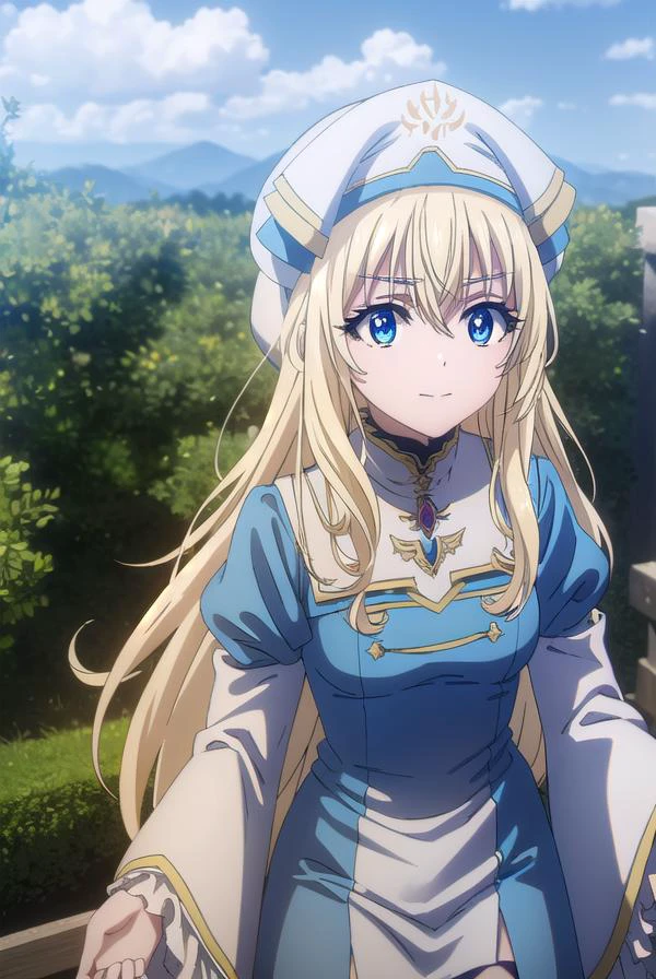 priestess, <lyco:priestesss2-lyco-nochekaiser:1>,
priestess, blonde hair, blue eyes, long hair, hair between eyes, (small breast:1.2), smile,
BREAK boots, dress, frilled sleeves, frills, hat, white headwear, pelvic curtain, high heels, robe, thigh boots, thighhighs, white thighhighs, long sleeves, puffy sleeves,
BREAK outdoors, grass, nature, forest, cloud, sky, sun,
BREAK looking at viewer, (cowboy shot:1.5),
BREAK <lyco:GoodHands-beta2:1>, (masterpiece:1.2), best quality, high resolution, unity 8k wallpaper, (illustration:0.8), (beautiful detailed eyes:1.6), extremely detailed face, perfect lighting, extremely detailed CG, (perfect hands, perfect anatomy),