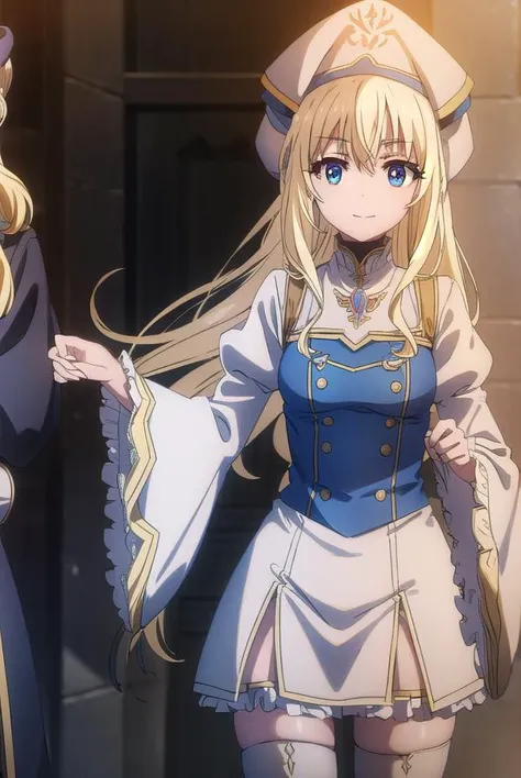 priestess, <lyco:priestesss2-lyco-nochekaiser:1>, 
priestess, blonde hair, blue eyes, long hair, hair between eyes, (small breast:1.2), smile,
BREAK boots, dress, frilled sleeves, frills, hat, white headwear, pelvic curtain, high heels, robe, thigh boots, thighhighs, white thighhighs, long sleeves, puffy sleeves,
BREAK indoors, church,
BREAK looking at viewer, (cowboy shot:1.5),
BREAK <lyco:GoodHands-beta2:1>, (masterpiece:1.2), best quality, high resolution, unity 8k wallpaper, (illustration:0.8), (beautiful detailed eyes:1.6), extremely detailed face, perfect lighting, extremely detailed CG, (perfect hands, perfect anatomy),