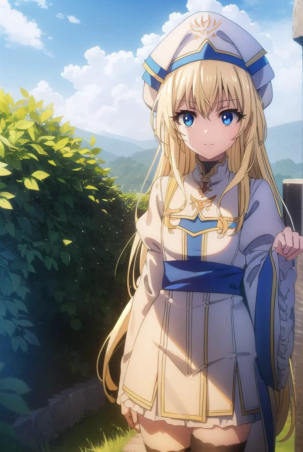 priestess, <lyco:priestesss2-lyco-nochekaiser:1>,
priestess, blonde hair, blue eyes, long hair, hair between eyes, (small breast:1.2), smile,
BREAK boots, dress, frilled sleeves, frills, hat, white headwear, pelvic curtain, high heels, robe, thigh boots, thighhighs, white thighhighs, long sleeves, puffy sleeves,
BREAK outdoors, grass, nature, forest, cloud, sky, sun,
BREAK looking at viewer, (cowboy shot:1.5),
BREAK <lyco:GoodHands-beta2:1>, (masterpiece:1.2), best quality, high resolution, unity 8k wallpaper, (illustration:0.8), (beautiful detailed eyes:1.6), extremely detailed face, perfect lighting, extremely detailed CG, (perfect hands, perfect anatomy),