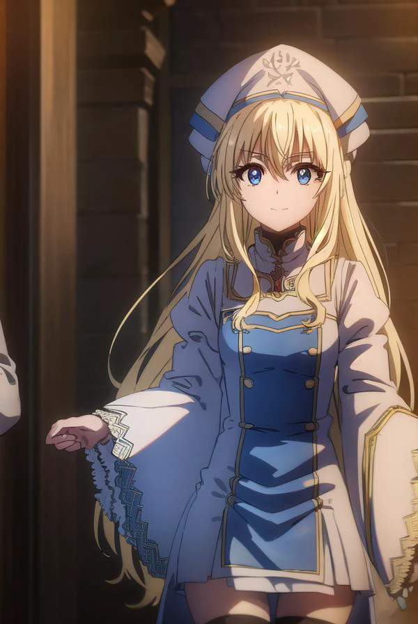 priestess, <lyco:priestesss2-lyco-nochekaiser:1>,
priestess, blonde hair, blue eyes, long hair, hair between eyes, (small breast:1.2), smile,
BREAK boots, dress, frilled sleeves, frills, hat, white headwear, pelvic curtain, high heels, robe, thigh boots, thighhighs, white thighhighs, long sleeves, puffy sleeves,
BREAK indoors, church,
BREAK looking at viewer, (cowboy shot:1.5),
BREAK <lyco:GoodHands-beta2:1>, (masterpiece:1.2), best quality, high resolution, unity 8k wallpaper, (illustration:0.8), (beautiful detailed eyes:1.6), extremely detailed face, perfect lighting, extremely detailed CG, (perfect hands, perfect anatomy),