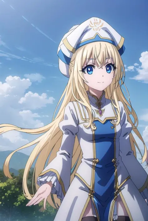 priestess, <lyco:priestesss2-lyco-nochekaiser:1>, 
priestess, blonde hair, blue eyes, long hair, hair between eyes, (small breast:1.2), smile,
BREAK boots, dress, frilled sleeves, frills, hat, white headwear, pelvic curtain, high heels, robe, thigh boots, thighhighs, white thighhighs, long sleeves, puffy sleeves,
BREAK outdoors, nature, forest, grass, sky, sun, cloud,
BREAK looking at viewer, (cowboy shot:1.5),
BREAK <lyco:GoodHands-beta2:1>, (masterpiece:1.2), best quality, high resolution, unity 8k wallpaper, (illustration:0.8), (beautiful detailed eyes:1.6), extremely detailed face, perfect lighting, extremely detailed CG, (perfect hands, perfect anatomy),