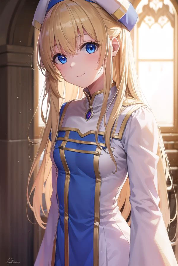 priestess, <lyco:priestess-lyco-nochekaiser:1>,
priestess, blonde hair, blue eyes, long hair, hair between eyes, (small breast:1.2), smile,
BREAK boots, dress, frilled sleeves, frills, hat, white headwear, pelvic curtain, high heels, robe, thigh boots, thighhighs, white thighhighs, long sleeves, puffy sleeves,
BREAK looking at viewer,
BREAK indoors, church,
BREAK <lyco:GoodHands-beta2:1>, (masterpiece:1.2), best quality, high resolution, unity 8k wallpaper, (illustration:0.8), (beautiful detailed eyes:1.6), extremely detailed face, perfect lighting, extremely detailed CG, (perfect hands, perfect anatomy),