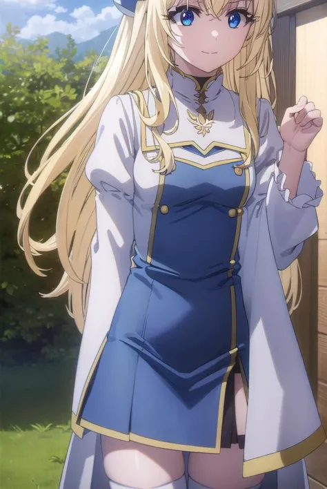 priestess, <lyco:priestesss2-lyco-nochekaiser:1>,
priestess, blonde hair, blue eyes, long hair, hair between eyes, (small breast:1.2), smile,
BREAK boots, dress, frilled sleeves, frills, hat, white headwear, pelvic curtain, high heels, robe, thigh boots, thighhighs, white thighhighs, long sleeves, puffy sleeves,
BREAK outdoors, nature, forest, grass, sky, sun, cloud,
BREAK looking at viewer, (cowboy shot:1.5),
BREAK <lyco:GoodHands-beta2:1>, (masterpiece:1.2), best quality, high resolution, unity 8k wallpaper, (illustration:0.8), (beautiful detailed eyes:1.6), extremely detailed face, perfect lighting, extremely detailed CG, (perfect hands, perfect anatomy),