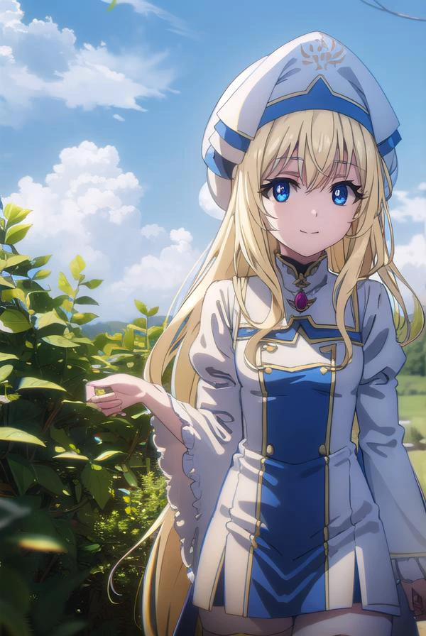 priestess, <lyco:priestesss2-lyco-nochekaiser:1>,
priestess, blonde hair, blue eyes, long hair, hair between eyes, (small breast:1.2), smile,
BREAK boots, dress, frilled sleeves, frills, hat, white headwear, pelvic curtain, high heels, robe, thigh boots, thighhighs, white thighhighs, long sleeves, puffy sleeves,
BREAK outdoors, grass, nature, forest, cloud, sky, sun,
BREAK looking at viewer, (cowboy shot:1.5),
BREAK <lyco:GoodHands-beta2:1>, (masterpiece:1.2), best quality, high resolution, unity 8k wallpaper, (illustration:0.8), (beautiful detailed eyes:1.6), extremely detailed face, perfect lighting, extremely detailed CG, (perfect hands, perfect anatomy),