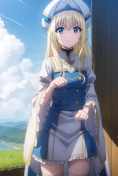 priestess, <lyco:priestesss2-lyco-nochekaiser:1>, 
priestess, blonde hair, blue eyes, long hair, hair between eyes, (small breast:1.2), smile,
BREAK boots, dress, frilled sleeves, frills, hat, white headwear, pelvic curtain, high heels, robe, thigh boots, thighhighs, white thighhighs, long sleeves, puffy sleeves,
BREAK outdoors, nature, forest, grass, sky, sun, cloud,
BREAK looking at viewer, (cowboy shot:1.5),
BREAK <lyco:GoodHands-beta2:1>, (masterpiece:1.2), best quality, high resolution, unity 8k wallpaper, (illustration:0.8), (beautiful detailed eyes:1.6), extremely detailed face, perfect lighting, extremely detailed CG, (perfect hands, perfect anatomy),