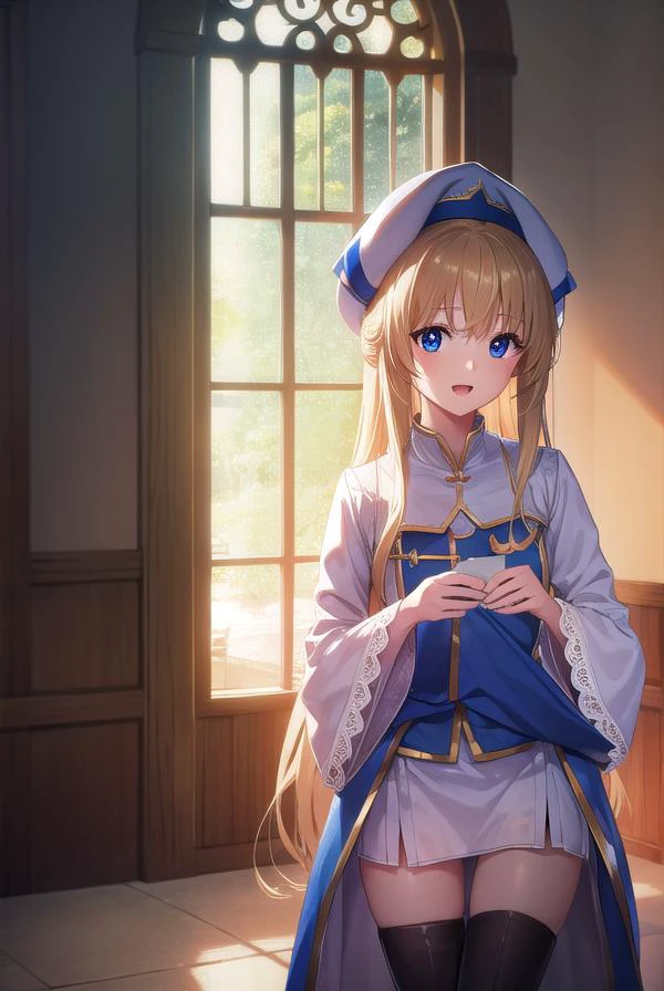 priestess, <lyco:priestess-lyco-nochekaiser:1>,
priestess, blonde hair, blue eyes, long hair, hair between eyes, (small breast:1.2), smile, <lora:talkmouth_E_v100:1>, open mouth,
BREAK boots, dress, frilled sleeves, frills, hat, white headwear, pelvic curtain, high heels, robe, thigh boots, thighhighs, white thighhighs, long sleeves, puffy sleeves,
BREAK looking at viewer, (cowboy shot:1.5),
BREAK indoors, church,
BREAK <lyco:GoodHands-beta2:1>, (masterpiece:1.2), best quality, high resolution, unity 8k wallpaper, (illustration:0.8), (beautiful detailed eyes:1.6), extremely detailed face, perfect lighting, extremely detailed CG, (perfect hands, perfect anatomy),