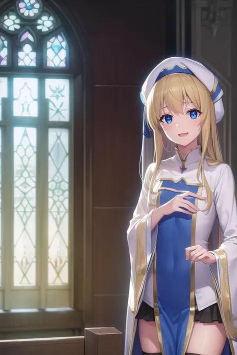 priestess, <lyco:priestess-lyco-nochekaiser:1>,
priestess, blonde hair, blue eyes, long hair, hair between eyes, (small breast:1.2), smile, <lora:talkmouth_E_v100:1>, open mouth,
BREAK boots, dress, frilled sleeves, frills, hat, white headwear, pelvic curtain, high heels, robe, thigh boots, thighhighs, white thighhighs, long sleeves, puffy sleeves,
BREAK looking at viewer, (cowboy shot:1.5),
BREAK indoors, church,
BREAK <lyco:GoodHands-beta2:1>, (masterpiece:1.2), best quality, high resolution, unity 8k wallpaper, (illustration:0.8), (beautiful detailed eyes:1.6), extremely detailed face, perfect lighting, extremely detailed CG, (perfect hands, perfect anatomy),