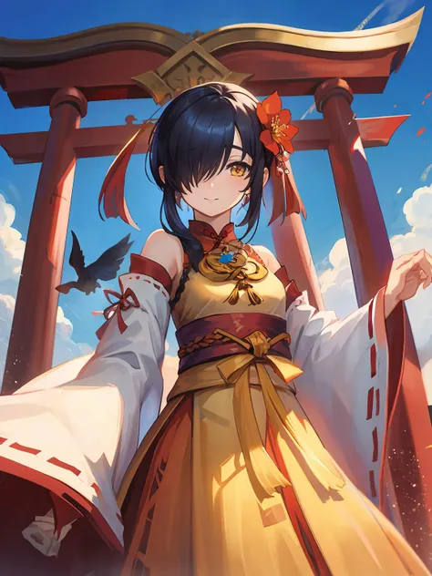 masterpiece,best quality,highres,cinematic lighting,dramatic angle,<lora:ShadowverseHualianV1-000012:0.8> ,1girl,(hair ornament:1.3),black hair,miko,(hair flower:1.3),hair over one eye,bangs,yellow eyes,orange dress,obi,chinese knot,detached sleeves,wide sleeves,looking at viewer,smile,torii,jinja,sweeping,blue sky,depth of field,cowboy shot,clouds,bird