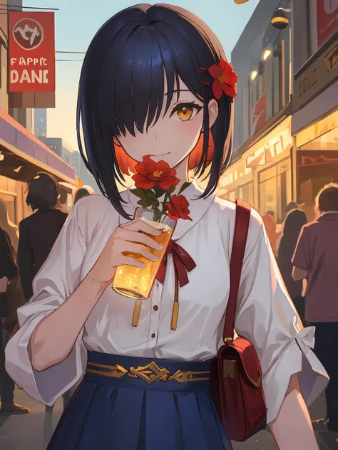 masterpiece,best quality,highres,cinematic lighting,dramatic angle,1girl,<lora:ShadowverseHualianV1-000012:0.8>,black hair,hair ornament,white shirt,satchel,long blue skirt,red hair flower,hair over one eye,yellow eyes,drinking,both hands holding drinking glass,looking at viewer,portrait,happy,streetscape,depth of field,crowd,bangs,short hair