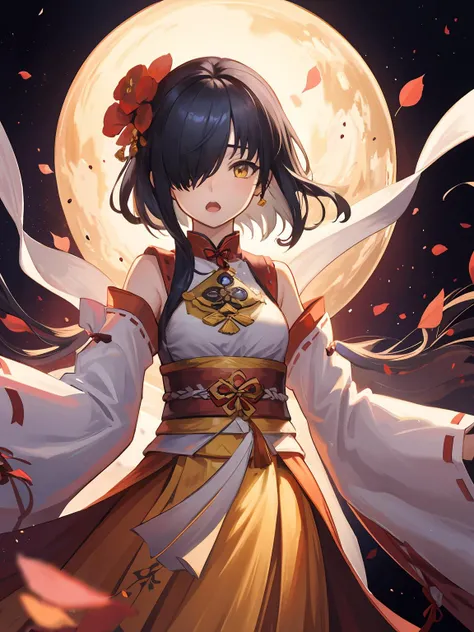 masterpiece,best quality,highres,cinematic lighting,dramatic angle,<lora:ShadowverseHualianV1-000012:0.8>  ,1girl,hair ornament,black hair,miko,hair flower,hair over one eye,bangs,yellow eyes,orange dress,obi,chinese knot,detached sleeves,wide sleeves,looking at viewer,open mouth,magic,petals,ofuda,depth of field,cowboy shot
