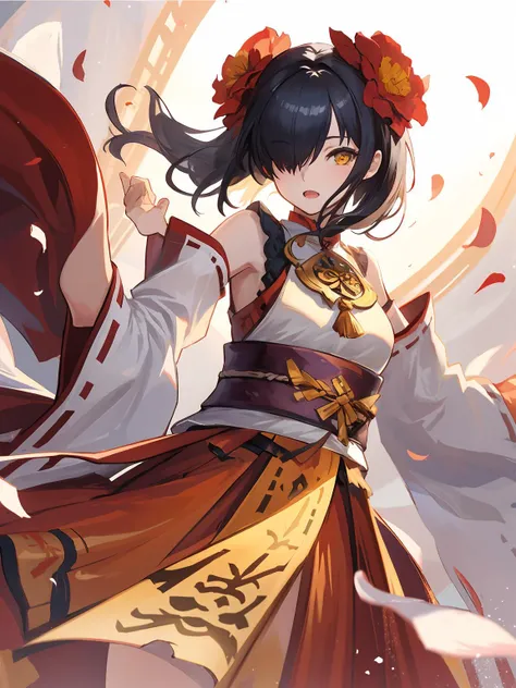 a woman using helm shoes, smile, crossed bangs ,Red eyes, red kimono, short hakama, skirt,golden phoenix mask on head. black socks, wide socks,wide sleeves,zetai ryouiki, black hair, long hair, pigtails, hair bows, ahoge, short kimono, shoulder to shoulder kimono, postured outside a traditional Japanese house, garden with Japanese aesthetics, big breasts,UHD , prime work , accurate , anatomically correct , textured skin , super details , high quality , best quality, 8k, high resolution, bokeh effect. (woman solo)