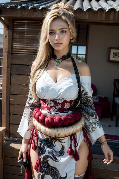 (realistic:1.3), finely detailed, quality, rembrandt lighting, (masterpiece:1.2), (photorealistic:1.2), (best quality), (detailed skin:1.3), (intricate details), dramatic, ray tracing, 1girl, fsrMusashi, 21 years old, detailed skin texture, (blush:0.5), (goosebumps:0.5), subsurface scattering, smiling, medium breasts, blonde hair, hair ornament, necklace, earrings, white kimono, halter straps, cleavage, sash, pelvic curtain, black thighhighs, cowboy shot, (bright sunny day), <lora:fsrmusashi-nvwls-v1:1>