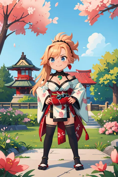 masterpiece, best quality, <lora:fsrmusashi-nvwls-v1-000009:0.9> fsrmusashi, blonde hair, hair ornament, necklace, earrings, white kimono, cleavage, sash, black thighhighs, chibi, standing, japanese architecture, cherry blossoms, garden, furrowed brow, smile, hands to hips, large breasts