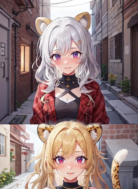 ((best quality)), ((highly detailed)), masterpiece, absurdres, detailed face, beautiful face, (detailed eyes, deep eyes), <lora:more_details:.3>, (1girl), different views, upper body, -(leopard girl), leopard ears, leopard tail, leopard-print fur, large fangs, (outdoors, <lora:alley-wasabi:1>, alleyway, stone wall, lamp, noon), <lora:BrushlineV2:.8>