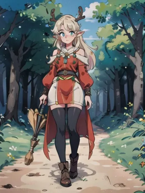 (best quality, masterpiece, illustration:1.1), woman in a forest holding a staff, kingdom of elves, young woman with antlers, on forest path, <lora:BrushlineBeta:0.6>