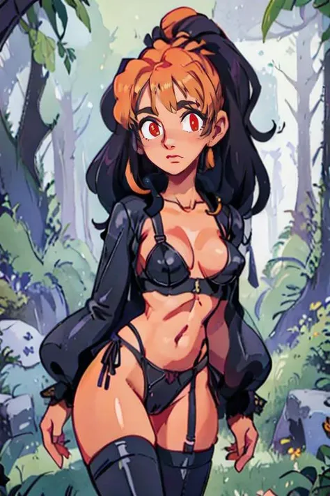 <lora:BrushlineBeta:1.0> NSFW, 1Girl, Adult, nude (fat Eritrean:1.2) woman, raised eyebrows, bright orange eyes, small nose, round cheeks, expressive lips, pointed jawline, glowing skin, elegant facial features, Forehead Vein and Hair bow, very short purple and white colored tips cone bun hairstyle, glowing pupils, pensive expression, wearing open blue Black leather tiara with skull embellishments, leather bralette with cut-out details, leather leggings with lace insets, leather belt with chain accents, fishnet bralette, fishnet panties, leather collar necklace, leather gloves with lace insets outfit with tarnished steel accents and spinel jewelry, perky nipples, natural large breasts, open labia, clitoris, individual pubic hairs, Ancient tree city, interconnected platforms, lush foliage, serene, mystical, harmonious, depth of field, god rays, vivid colors, cinematic hard lighting, smooth shadows