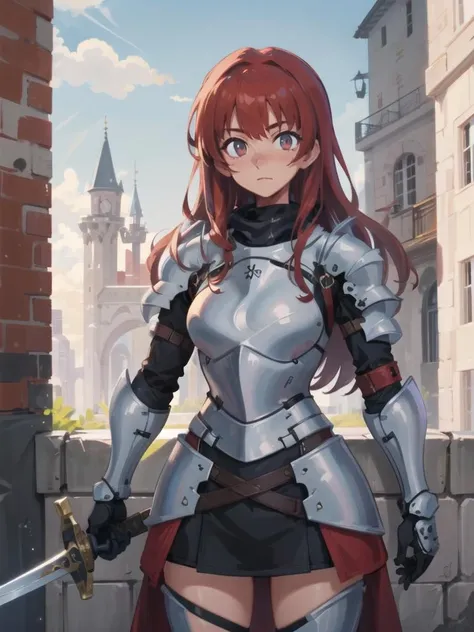 (best quality, masterpiece, illustration:1.1), 1girl, female knight, full metal armor, red hair, grey eyes, holding sword, castle, sidelighting, (cowboy shot:1.2), <lora:BrushlineV1:0.5>